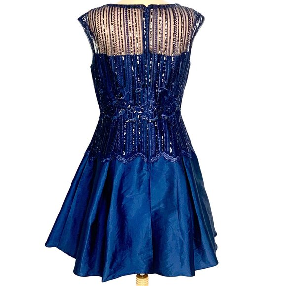 Adrianna Papell Lace Sequin Taffeta Cocktail Dress 10 Knee Length Fit Flare Navy - Picture 7 of 12